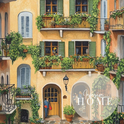 Golden French Courtyard with Ivy Covered Balconies and Cozy Cafe Tables Wall Art