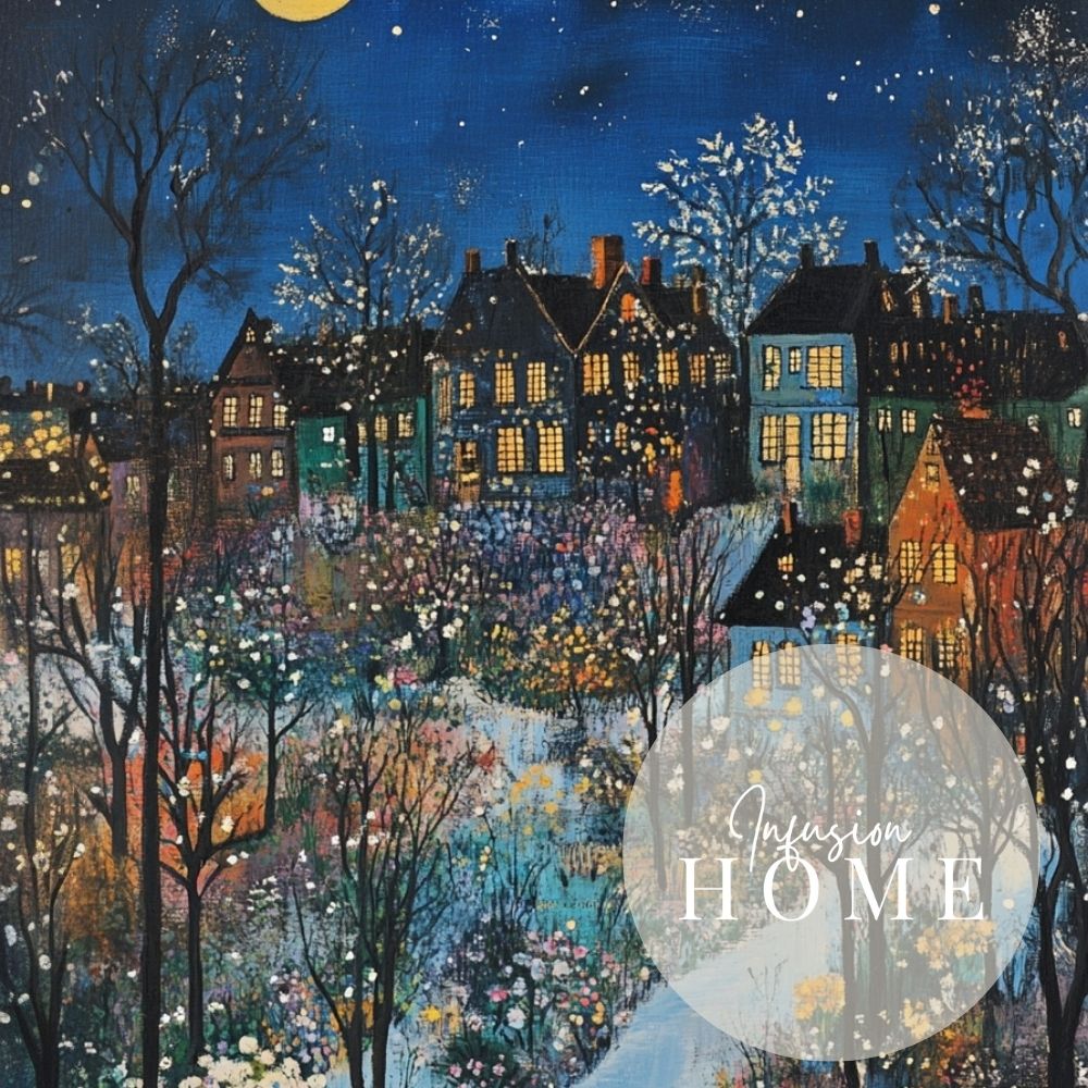 Moonlit Village Garden in Winter Bloom - Infusion Home