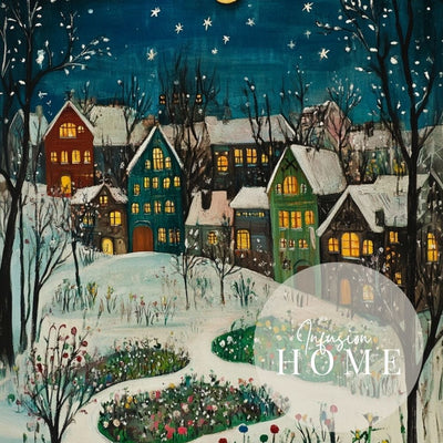 Moonlit Winter Village with Snowy Gardens - Infusion Home