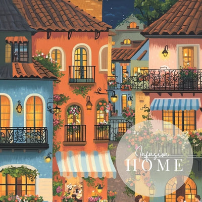 Romantic Cafe Under the Stars with Terracotta Rooftops Digital Wall Art