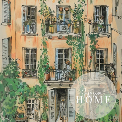Soft Pastel Courtyard Scene with Ivy-Draped Balconies