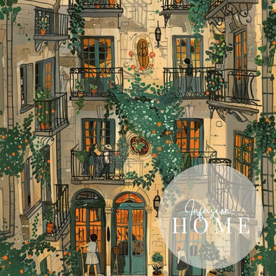 Sunlit European Courtyard Scene with Ivy and Orange Glow