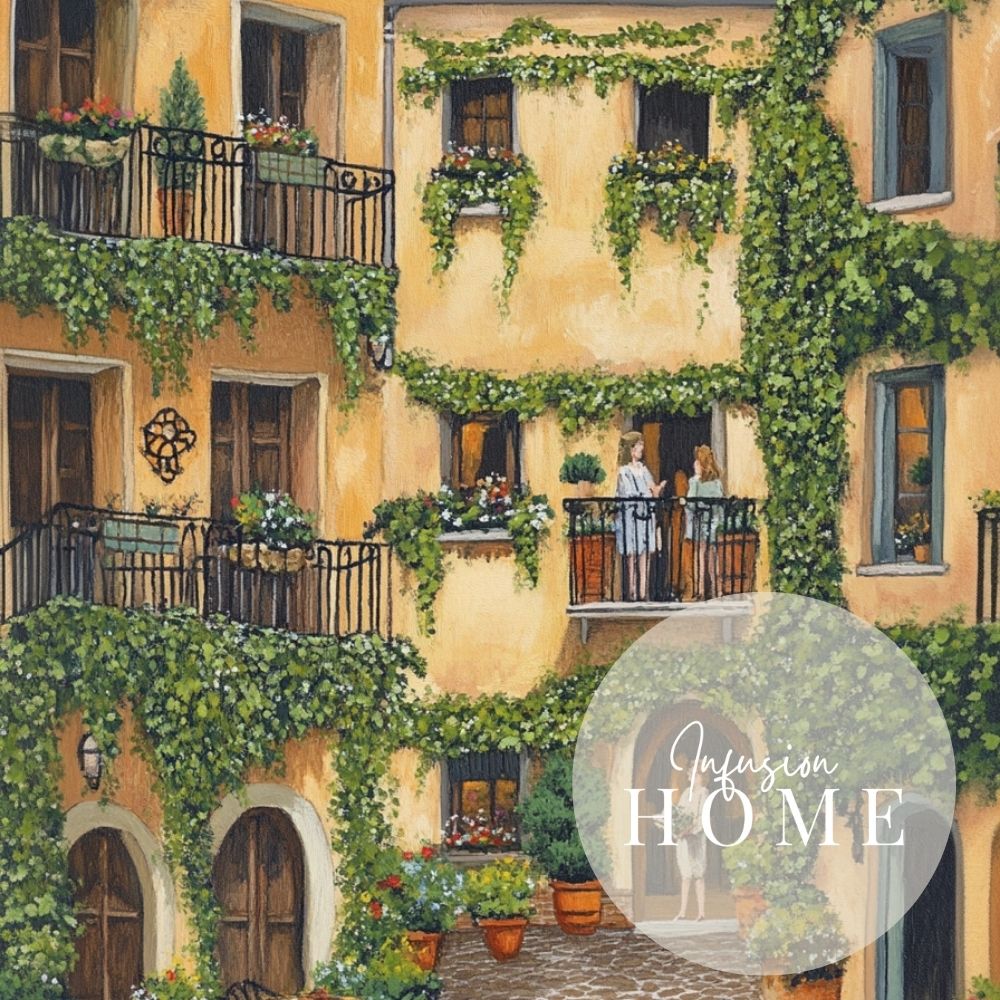 French Courtyard with Ivy and Cobblestones Digital Artwork