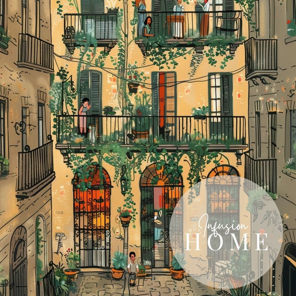 Tranquil Botanical Inner Courtyard Scene with Balconies
