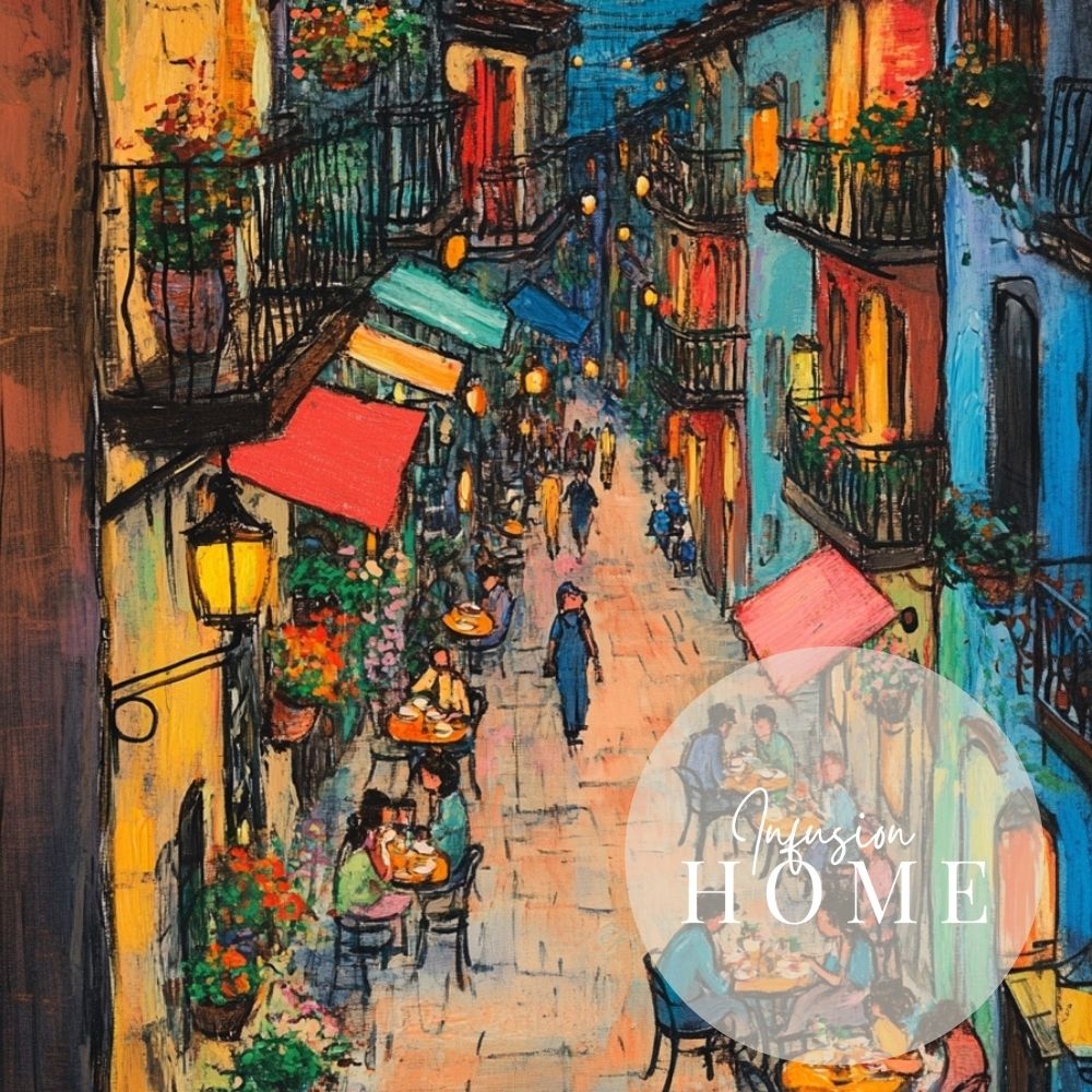 Evening Street Café Scene – Vibrant Village Nightlife