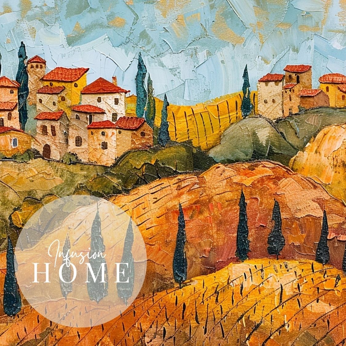 Closeup of poster wall art showing 'Hillside Harvest - Tuscan Vineyards in Impasto'