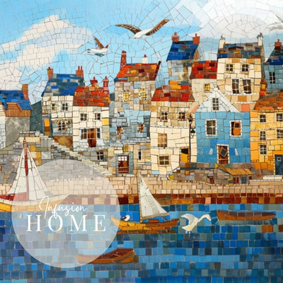 Closeup of poster wall art showing 'Seaside Serenity - Coastal Village Mosaic'