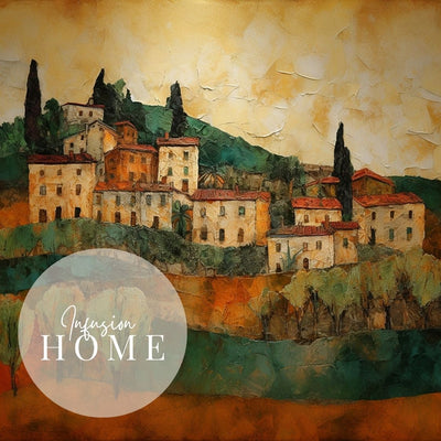 Closeup of poster wall art showing 'Sunbaked Sienna - Impasto Tuscan Houses'