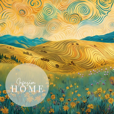 Closeup of poster wall art showing 'Swirling Serenity - Sunrise Over Hills of Vibrant Blooms'