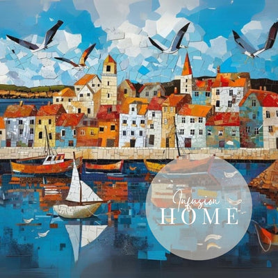 Closeup of poster wall art showing 'Tide and Tiles - Coastal Village Art Mosaic'