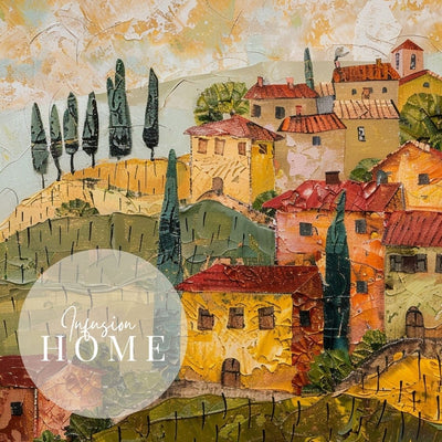 Closeup of poster wall art showing 'Under the Tuscan Sun - Village Impressions'