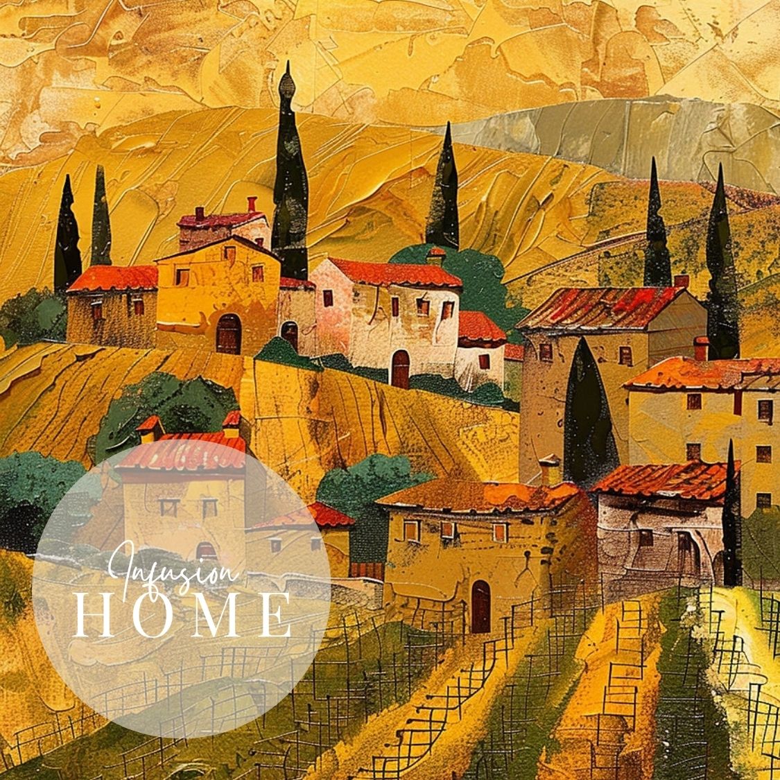 Closeup of poster wall art showing 'Village Vines - Tuscan Summer Art'