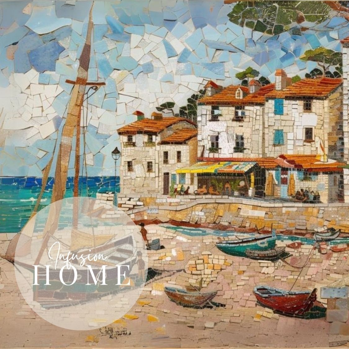 Closeup of poster wall art showing 'Village Vista - Seaside Mosaic Masterpiece'