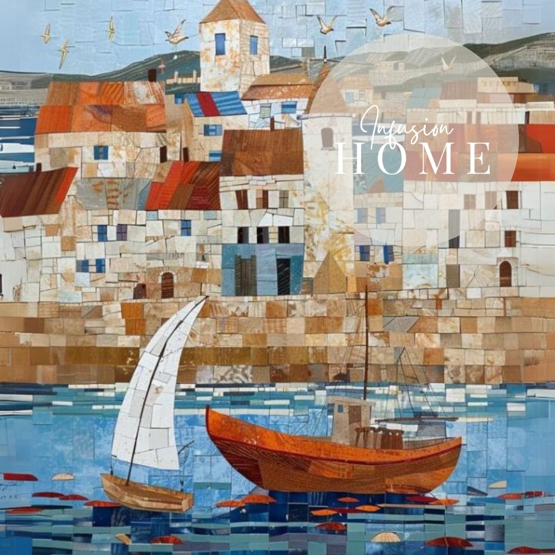 Closeup of poster wall art showing 'Pier Peace - Tranquil Seaside Mosaic'