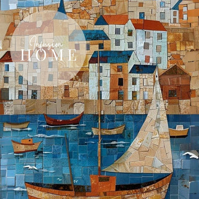 Closeup of poster wall art showing 'Sails and Seagulls - Nautical Village Mosaic'