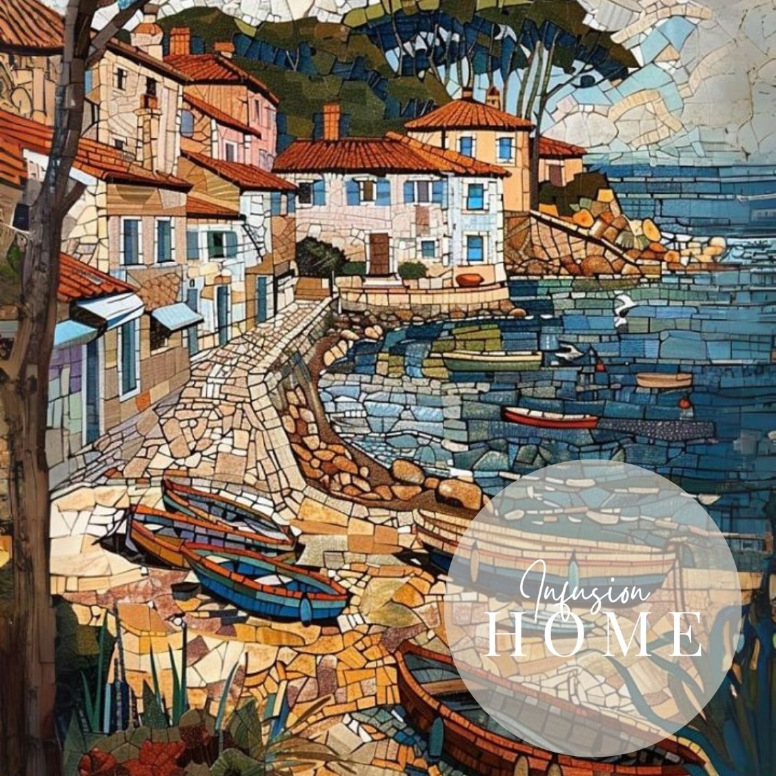 Closeup of poster wall art showing 'Summer Mosaic - Seaside Village Scene'