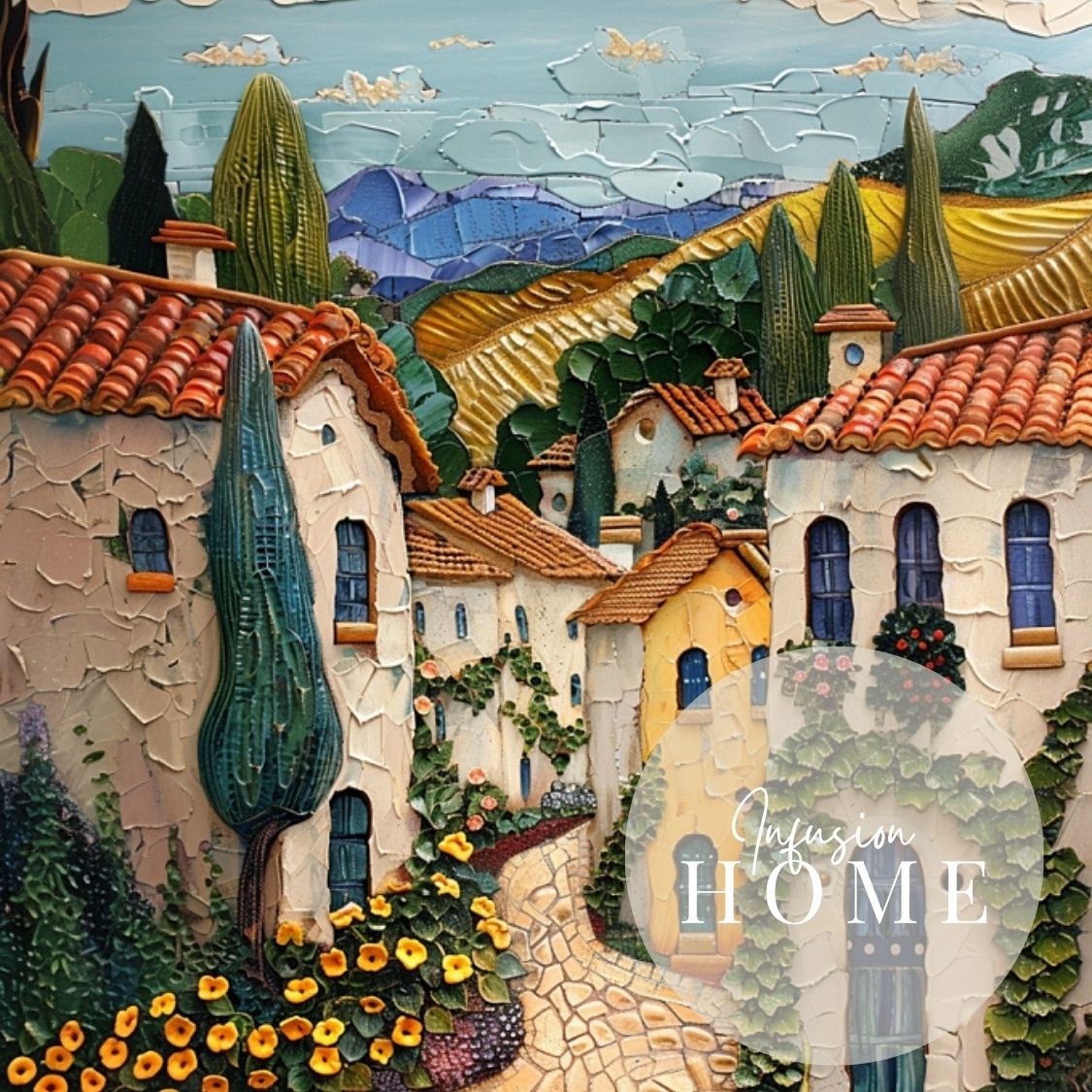 Sunlit Serenity - Impasto Artwork of a French Village - Infusion Home