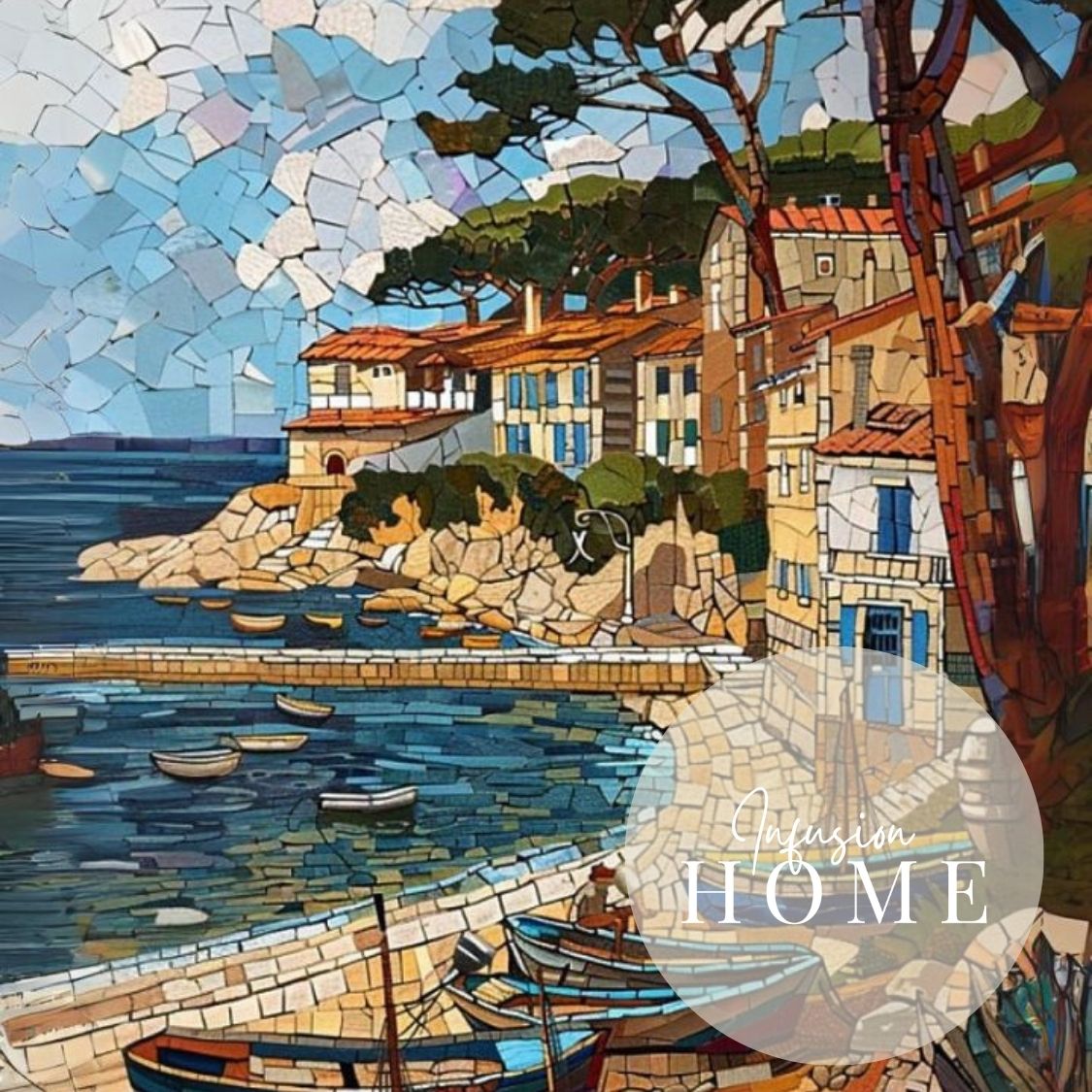 Closeup of poster wall art showing 'Sunny Seaport - Vibrant Seaside Mosaic'