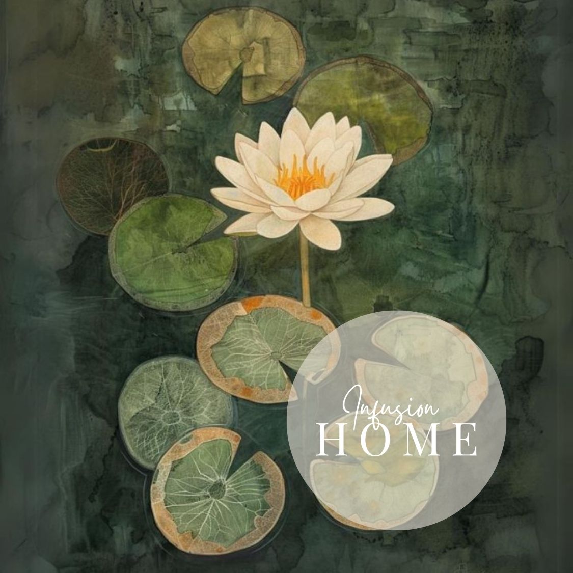 Closeup of canvas print wall art showing 'Mirrored Elegance - Water Lily Amidst Stillness'