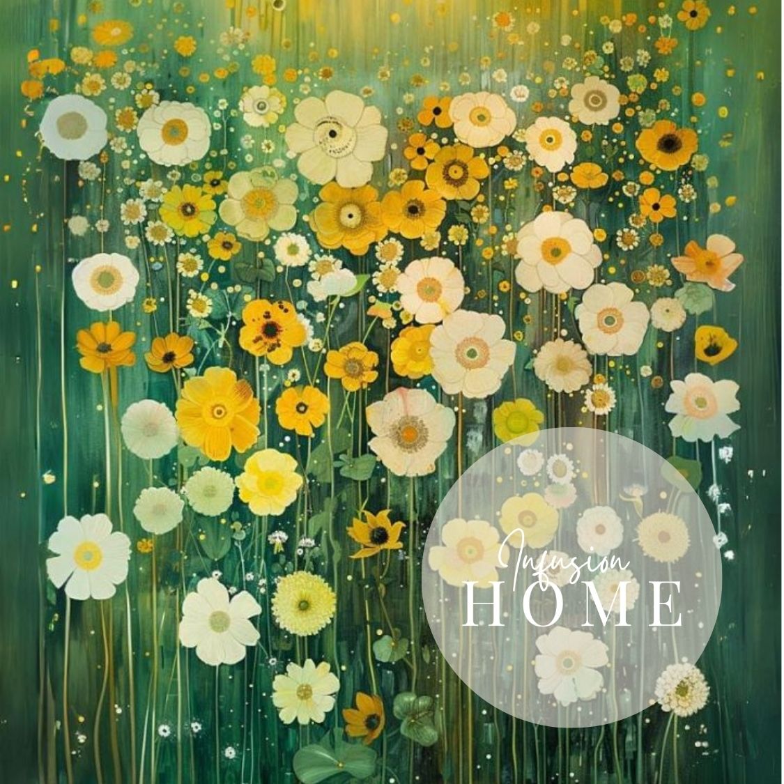 Closeup of canvas print wall art featuring 'Whispering Light - Gentle Wildflowers in White and Yellow'