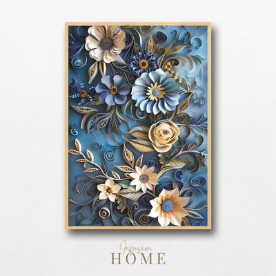 Blue Botanical Paper Cut Floral Art Print