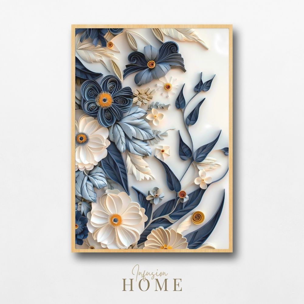 Navy and White Paper Cut Flower Wall Art Printable