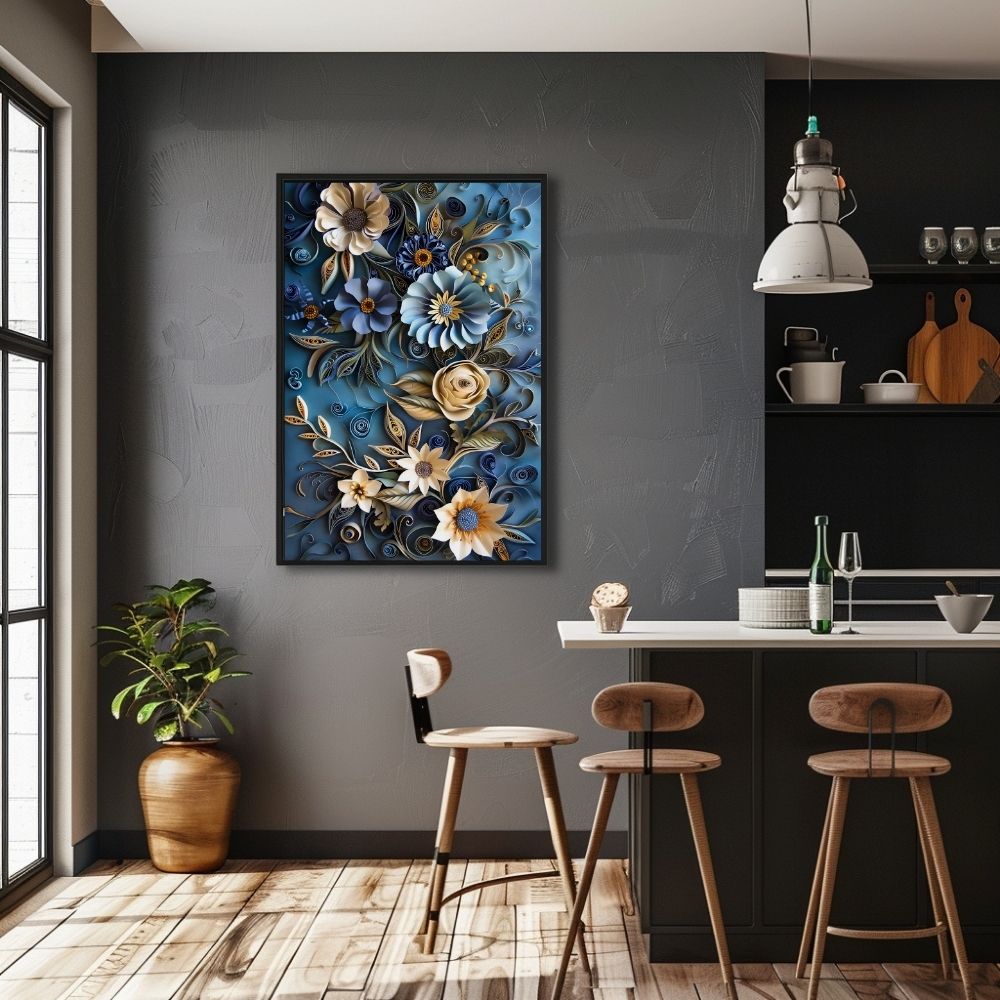 Blue Botanical Paper Cut Floral Art Print