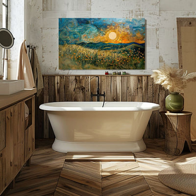 Poster wall art showing 'Evening Glow - Flower Meadows and Sunset Hills' in a bathroom