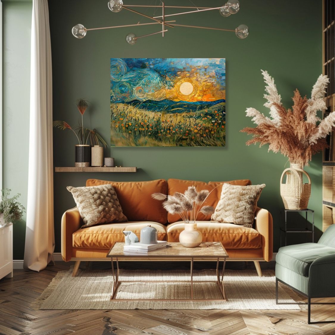 Poster wall art showing 'Evening Glow - Flower Meadows and Sunset Hills' in a green living room