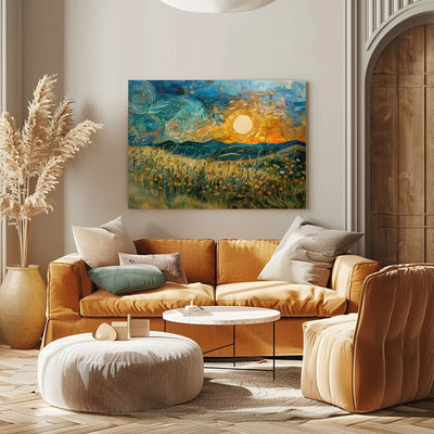 Poster wall art showing 'Evening Glow - Flower Meadows and Sunset Hills' in a boho living room