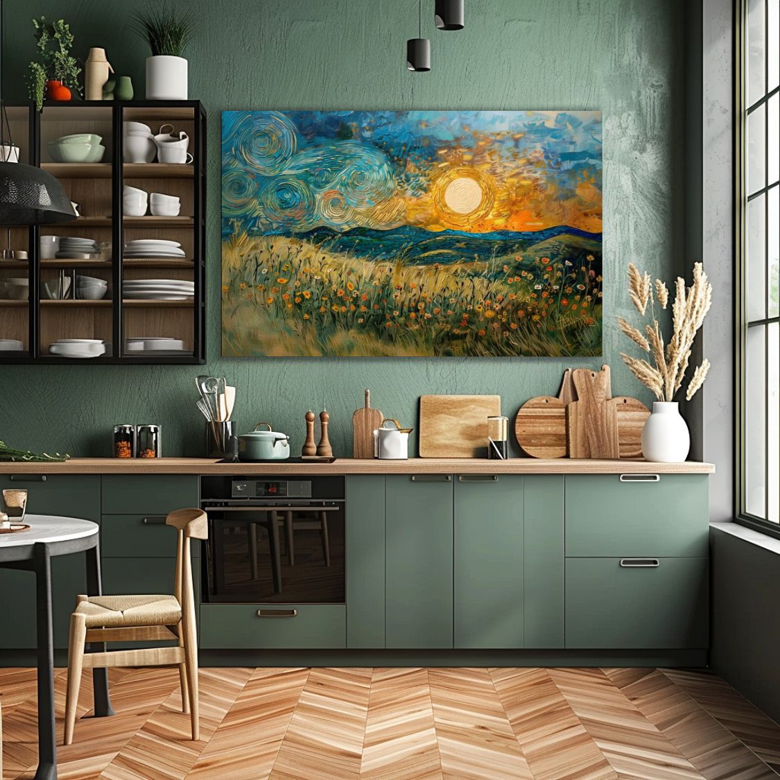 Poster wall art showing 'Evening Glow - Flower Meadows and Sunset Hills' in a kitchen