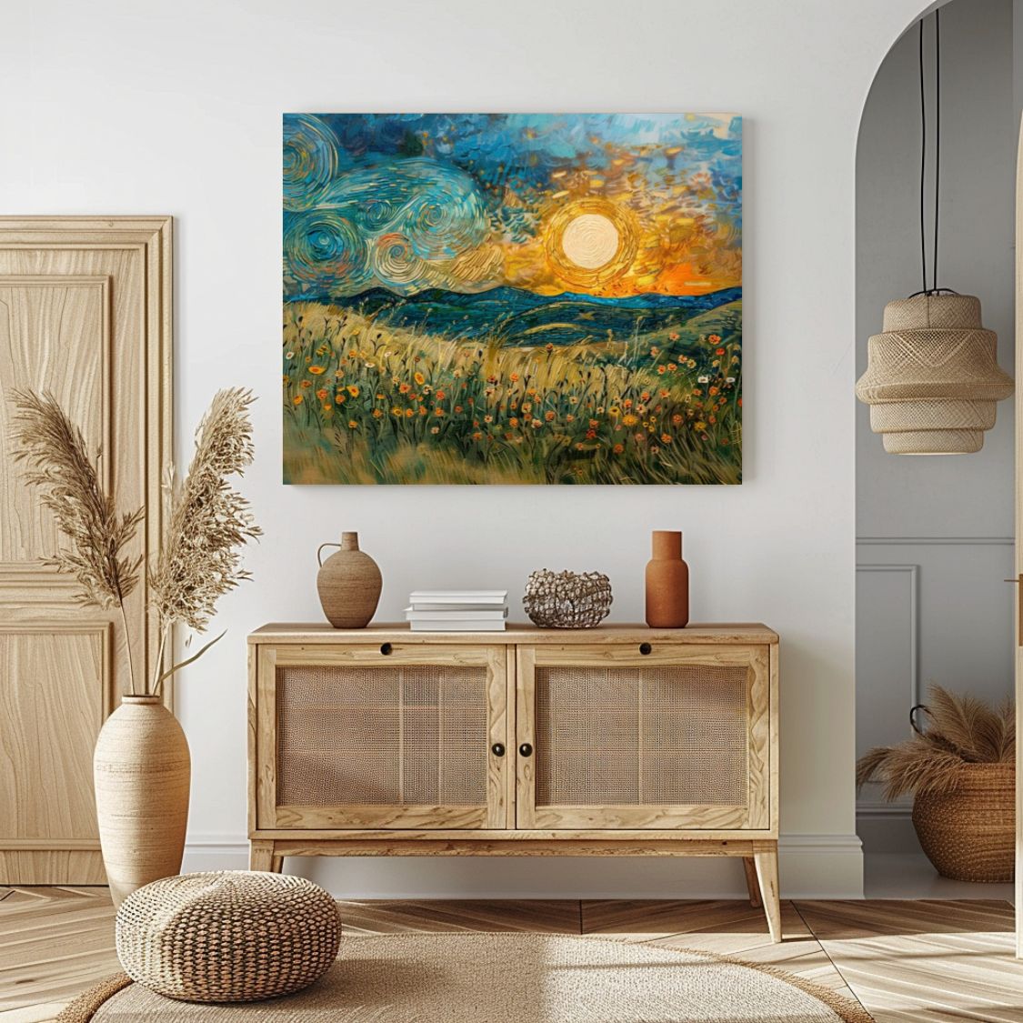 Poster wall art showing 'Evening Glow - Flower Meadows and Sunset Hills' in an entryway