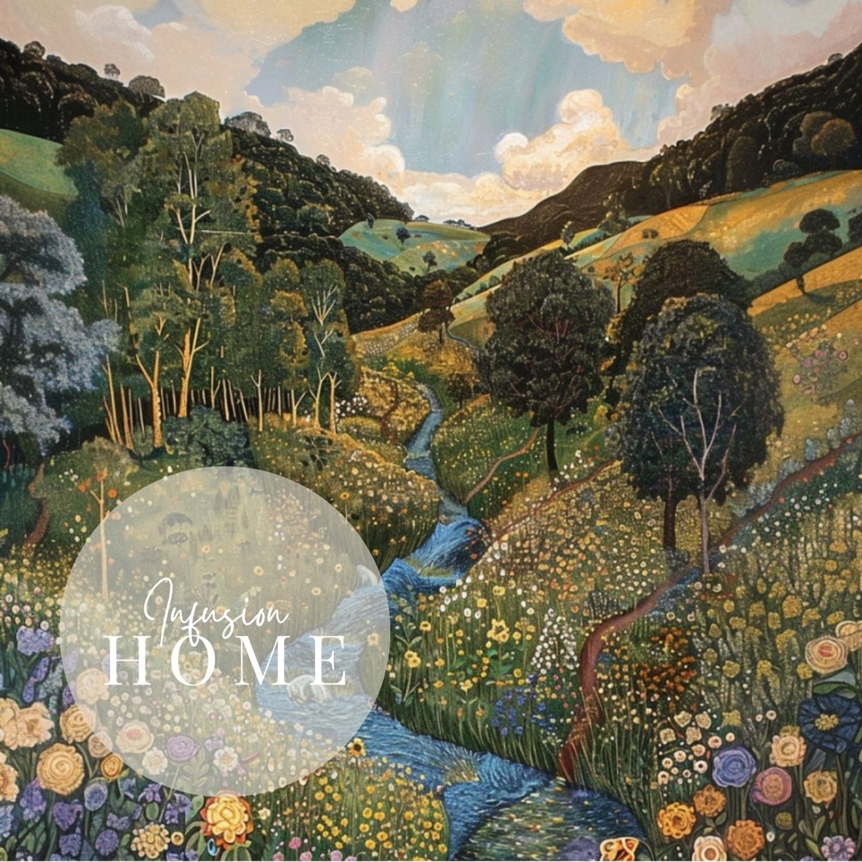 Floral Symphony - A River Gently Flowing Through a Lush Valley - Infusion Home