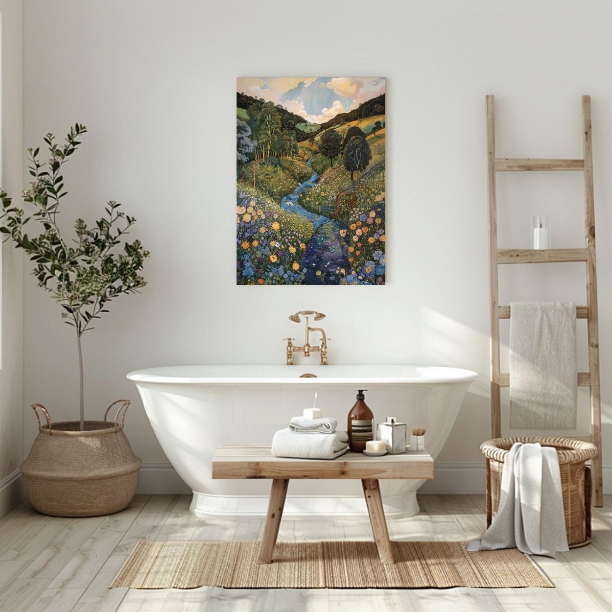 Poster wall art showing 'Floral Symphony - A River Gently Flowing Through a Lush Valley' in a bathroom