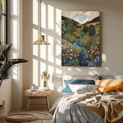 Poster wall art showing 'Floral Symphony - A River Gently Flowing Through a Lush Valley' in a bedroom