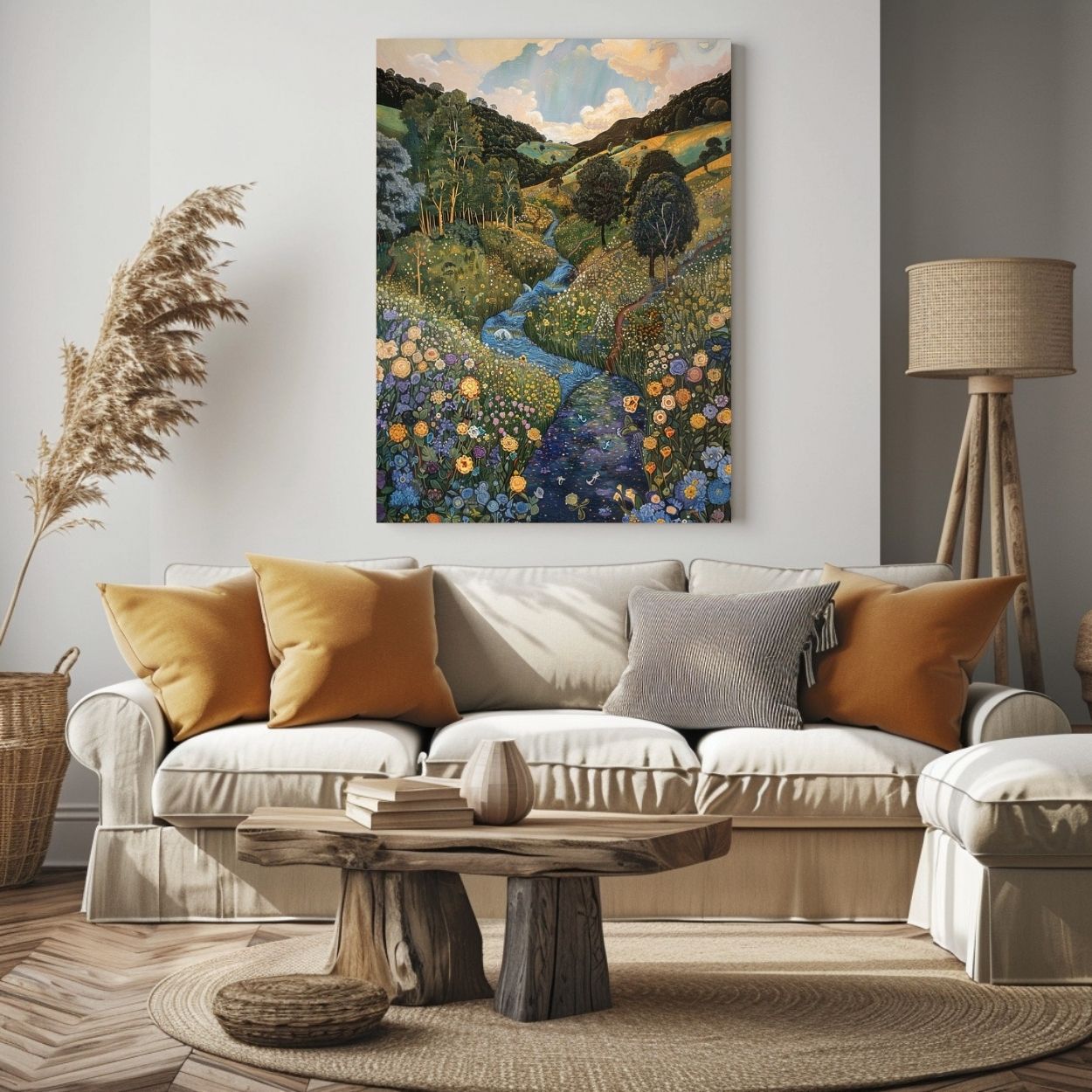 Poster wall art showing 'Floral Symphony - A River Gently Flowing Through a Lush Valley' in a beige living room