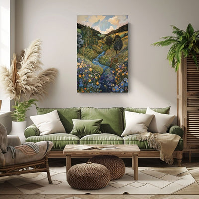 Poster wall art showing 'Floral Symphony - A River Gently Flowing Through a Lush Valley' in a green living room