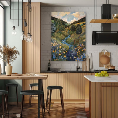 Poster wall art showing 'Floral Symphony - A River Gently Flowing Through a Lush Valley' in a kitchen