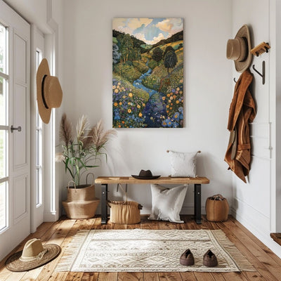 Poster wall art showing 'Floral Symphony - A River Gently Flowing Through a Lush Valley' in an entryway