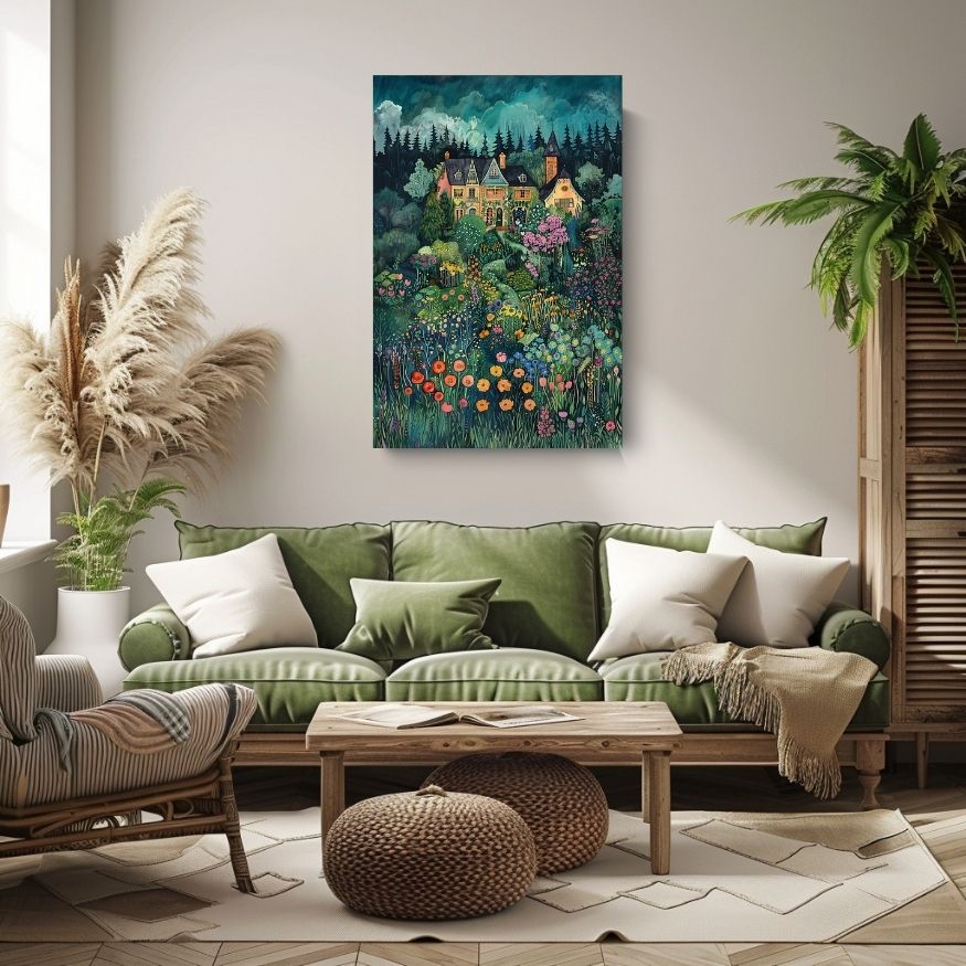 Poster wall art showing 'Hidden Haven - Cozy Buildings Amidst Blooming Colors' in a living room