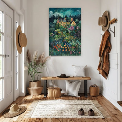 Poster wall art showing 'Hidden Haven - Cozy Buildings Amidst Blooming Colors' in an entryway