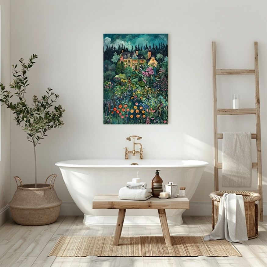 Poster wall art showing 'Hidden Haven - Cozy Buildings Amidst Blooming Colors' in a bathroom