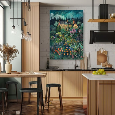 Poster wall art showing 'Hidden Haven - Cozy Buildings Amidst Blooming Colors' in a kitchen