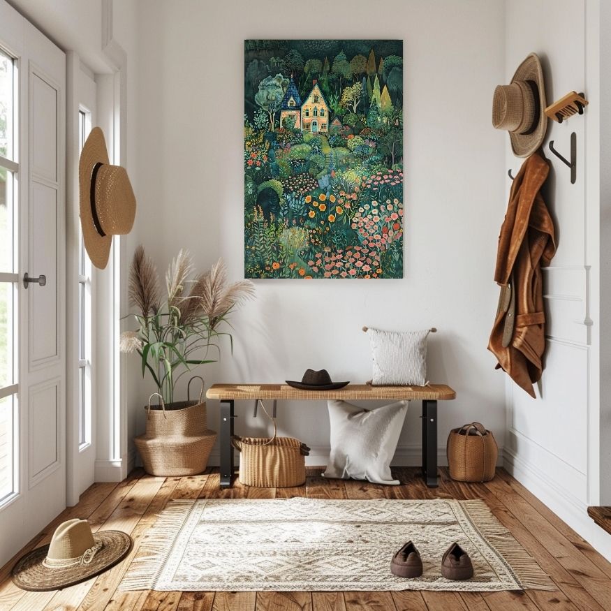 Poster wall art showing 'Rustic Garden Escape - Cozy Cottage Among Lush Blooms' in an entryway