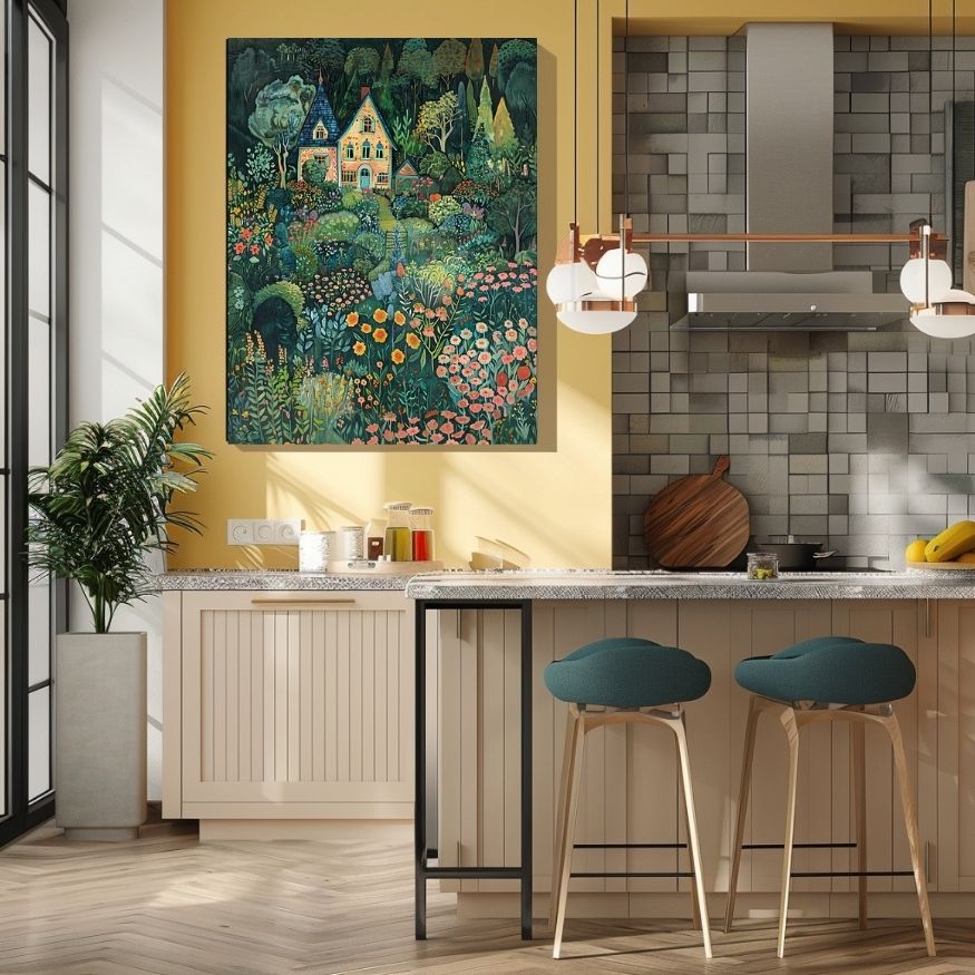 Poster wall art showing 'Rustic Garden Escape - Cozy Cottage Among Lush Blooms' in a kitchen