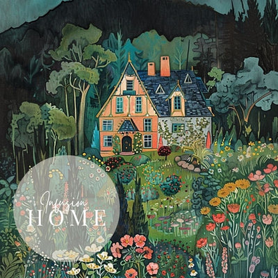 Closeup of poster wall art showing 'Secret Summer - Vivid Garden with a Quaint Home'