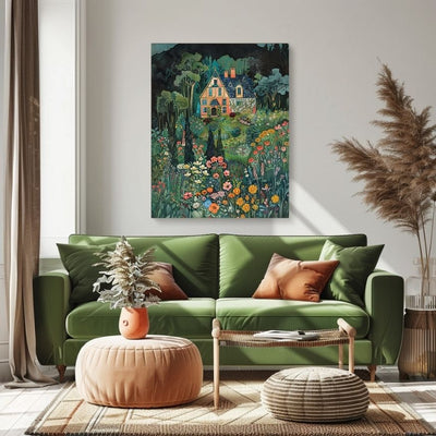 Poster wall art showing 'Secret Summer - Vivid Garden with a Quaint Home' in a living room