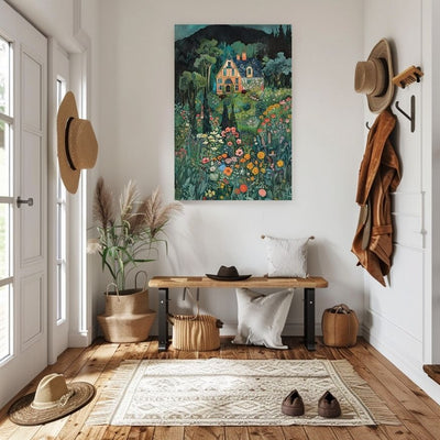 Poster wall art showing 'Secret Summer - Vivid Garden with a Quaint Home' in an entryway