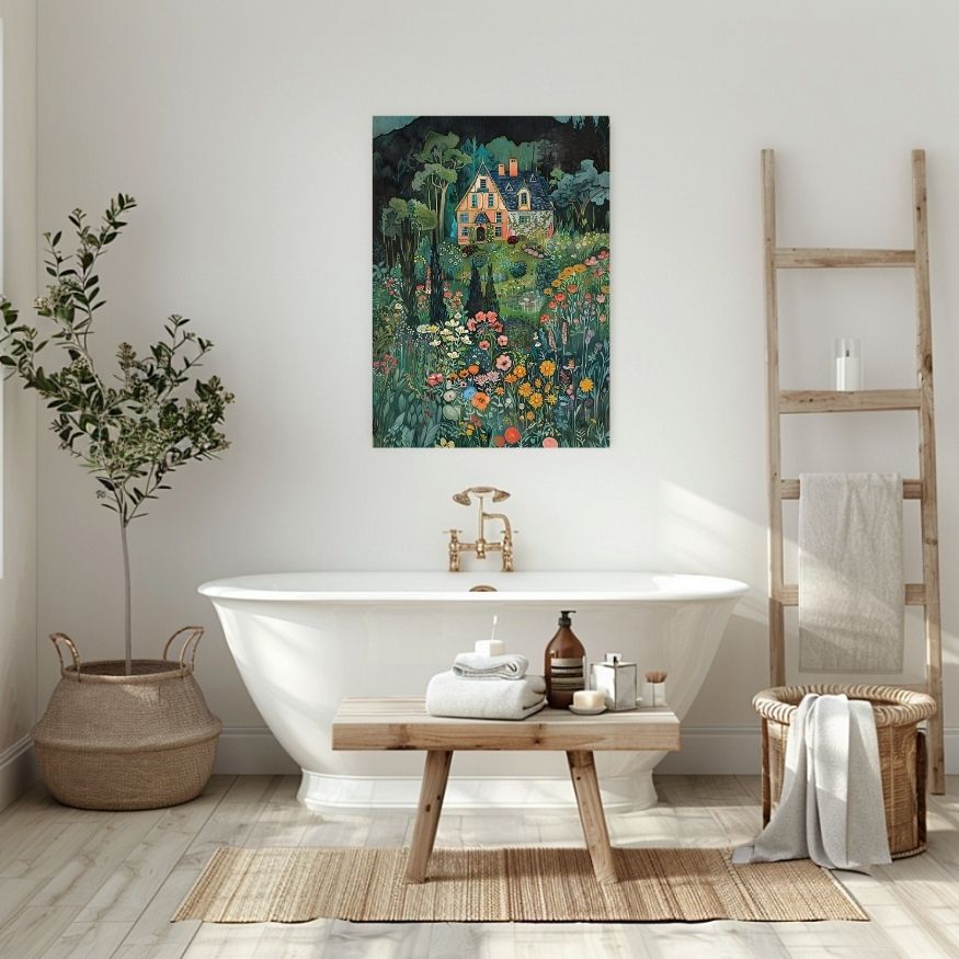 Poster wall art showing 'Secret Summer - Vivid Garden with a Quaint Home' in a bathroom