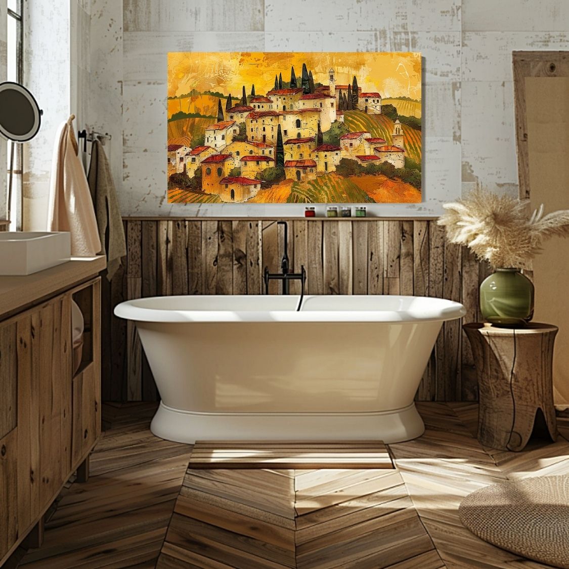 Poster wall art showing 'Tuscan Tapestry - Impasto Painting of a Village' in a bathroom